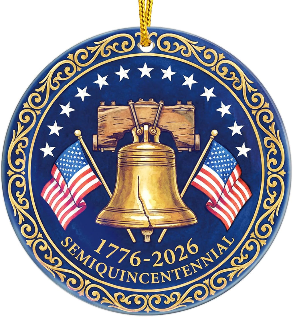 WhatSign 250th Anniversary USA Ornament - 1776-2026 Semiquincentennial Liberty Bell Ceramic Keepsake Vintage Gold Medallion Design Patriotic American History Souvenir Decor Gift for Collectors