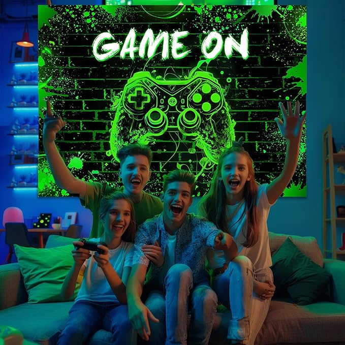 Mocsicka Game On Backdrop Video Game for Boys Level Up Birthday Party Decoration Game Night Arcade Neon Glow Gamer Banner Photography Background (Green, 7x5ft(82"x60"))