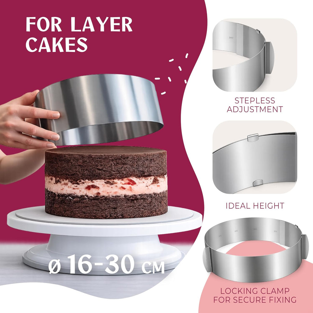 Cake Accessory Set with Premium Piping Nozzles & Piping Bag, Rotating Cake Plate, Cake Cutter and Versatile Baking Accessories (With Cake Ring)