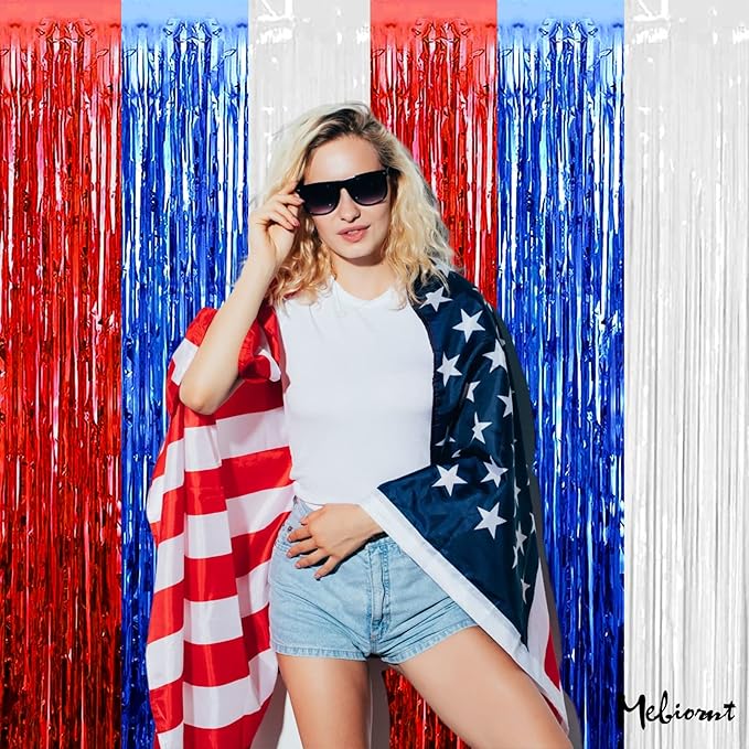 4 Pack 3.2Ft x 6.6Ft Independence Day Fringe Curtain Backdrop, Red Blue White Metallic Tinsel Foil Fringe Streamers Curtains Background for Photo Booth Birthday Wedding Carnival Party Decorations