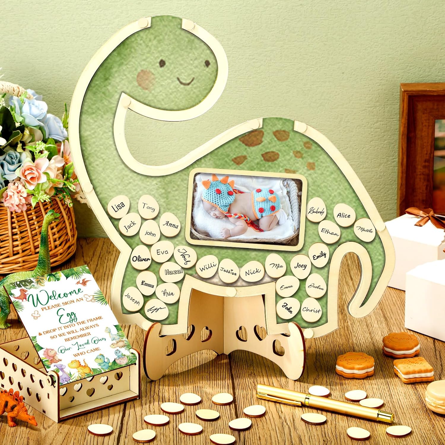 Wenqik 63 Pcs Dinosaur Baby Shower Guest Book Alternatives Set Baby Shower Decorations with Photo Frame Sonogram Frame Keepsake 60 Wood Slices Guest Book for Birthday