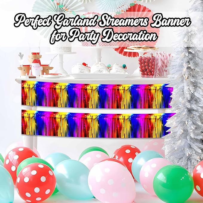 6 Pack 10 Ft Rainbow Foil Fringe Garland Metallic Streamers Tinsel Banner Wall Hanging Garland Backdrop for Parade Floats, Halloween, Christmas, Thanksgiving, New Year Party Decorations