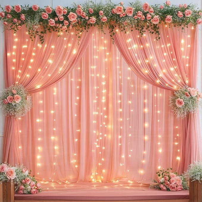 10ft x 10ft Dusty Rose Chiffon Backdrop Curtain with Lights String for Parites Wedding Wrinkle Free Curtain Photo Backdrops Drapes for Baby Shower Birthday Party Home Decorations