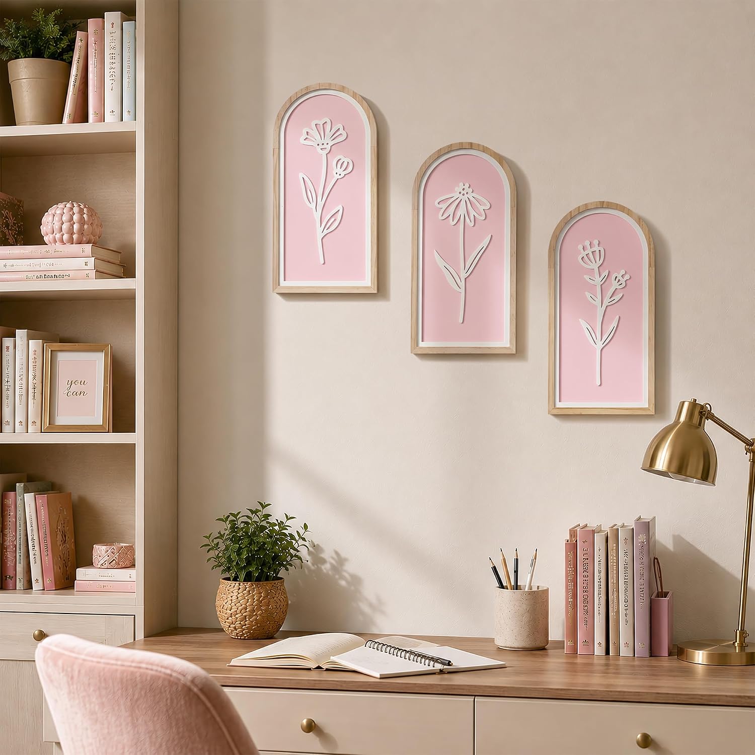 Pink 3D Wooden Floral Wall Art Set of 3, Arched Boho Girls Room Wall Decor | Pink arched panels with raised white floral cutouts in wood frames; ready to hang in bedrooms, teen rooms, dorms or hallways