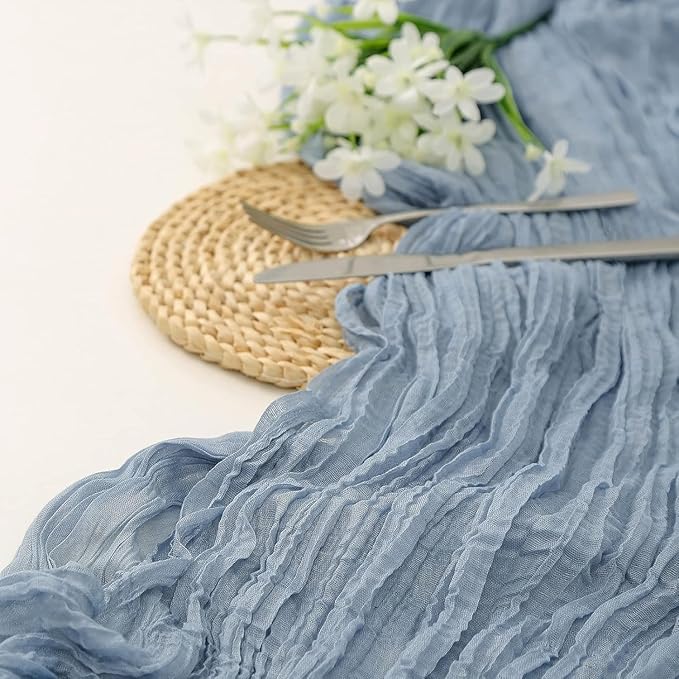 12Pcs Gray-Blue Cheesecloth Table Runner 120 Inch10FT Gray-Blue Rustic Boho Cheesecloth Table Runner Cheese Cloths for Wedding Party Baby Shower Birthday Home Decor Holiday Decorations