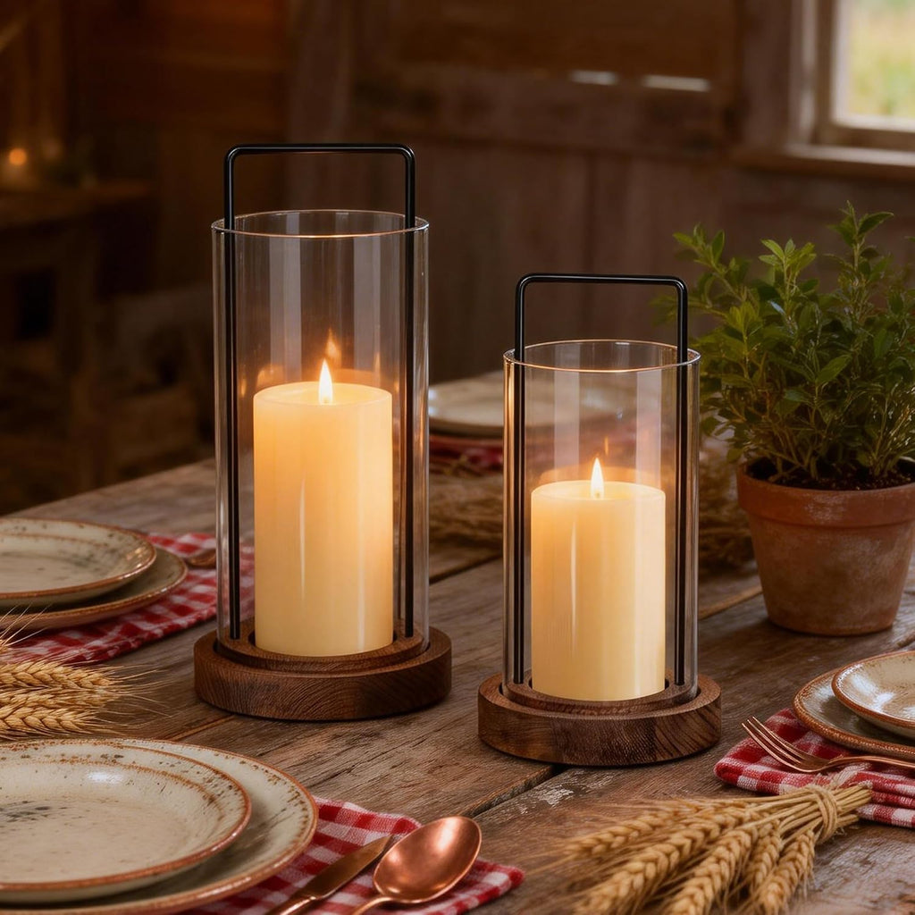 Houmury Farmhouse Candle Holder Decor Boho Glass Hurricane Lantern for Table Centerpieces Set of 2 Decorative Wood Metal Candle Holders for Living Room Dining Patio Home Decoration (Brown)