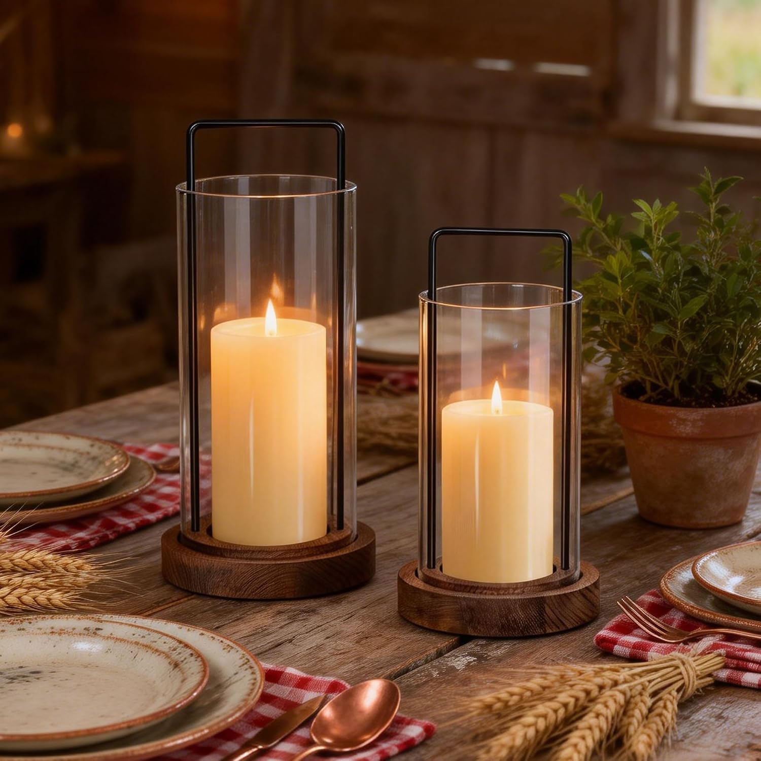 Houmury Farmhouse Candle Holder Decor Boho Glass Hurricane Lantern for Table Centerpieces Set of 2 Decorative Wood Metal Candle Holders for Living Room Dining Patio Home Decoration (Brown)