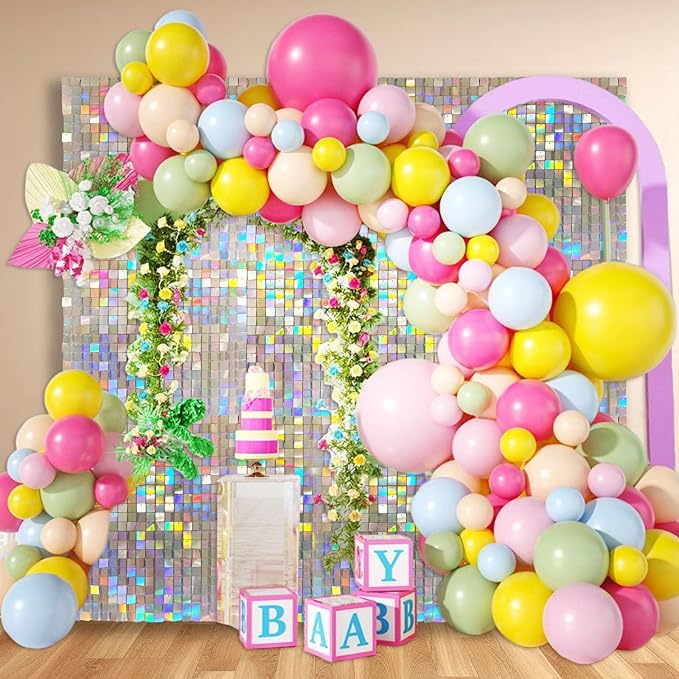24PCS Colorful Shimmer Wall Backdrop, Square Sequin Backdrops Panel, Glitter Wall Background for Birthdays, Weddings, Graduation, Engagements, Disco Bachelorette Party Decoration (4FTx6FT)