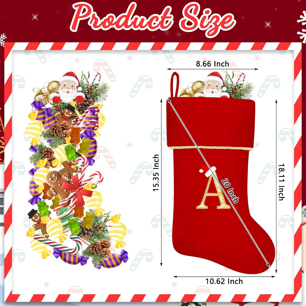 20 Inches Initial Monogram Red Christmas Stocking, Personalized Large Embroidered Letter Velvet Christmas Stocking with Gold Trim Decoration for Family Christmas Holiday Party Decor(Letter M)