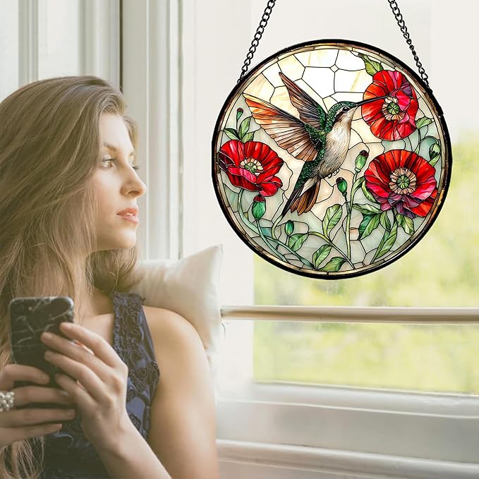 Stained Glass Window Hanging - Green Hummingbird Red Flower Suncatcher for Door Terrace Garden Home Decor Bird Landscape Sun Catcher Birthday Gifts for Lovers Women Men Dad Mom Nana 9.8 in