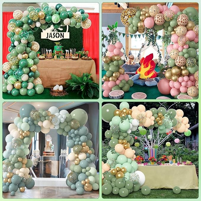 Amandir 153pcs Sage Green Balloon Garland Arch Kit, Different Sizes 18 12 10 5 inch Sage Green Gold Latex Metallic Confetti Gold Balloons for First Communion Safari Baby Shower Baptism Decorations