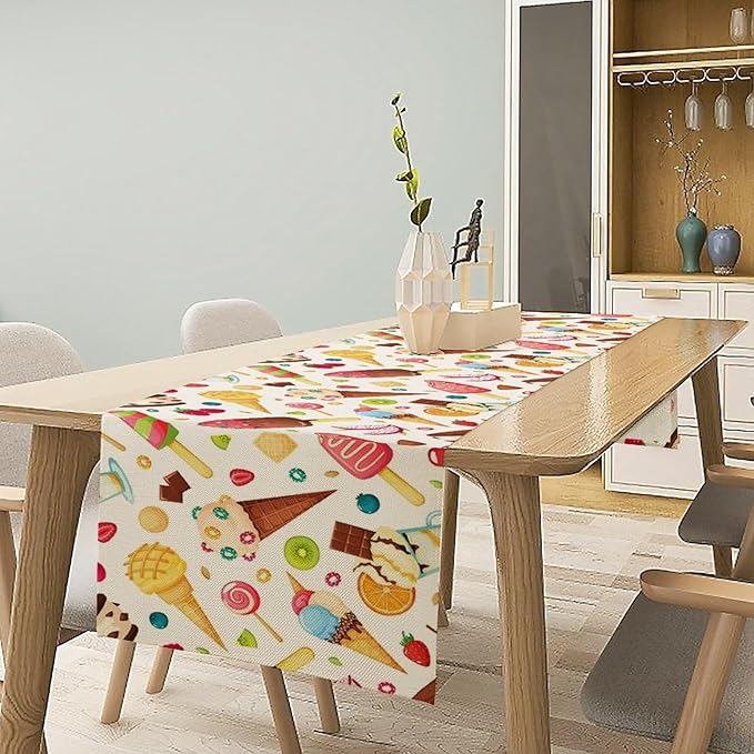 Ice Cream Table Runner, Fruit Ice Popsicles Cold Summer Desserts Seasonal Dinner Runner for Party Holiday Home Kitchen Dining Table Decor 13"x70"