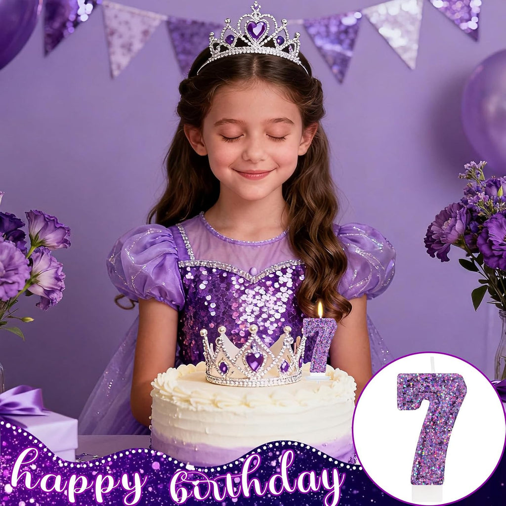 Deep Purple Glitter Birthday Candles for Girls - Number 7 Candle Cake Topper for Kpop Themed Birthday Party Decorations