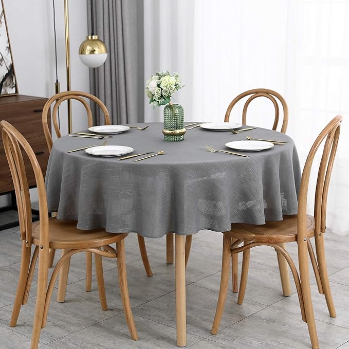 maxmill Lux Faux Linen Tablecloth with Slubby Texture Wrinkle Resistant Anti-Shrink Soft Table Cloth for Kitchen Dining Restaurant Tabletop for Event Holiday Dinner Round 70 Inch Neutral Gray