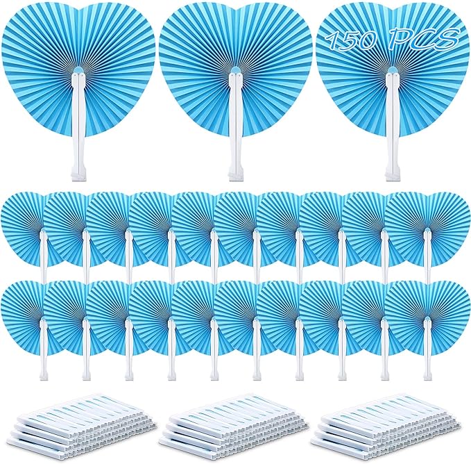 Unittype 150 Packs Wedding Paper Fans Heart Shaped Folding Handheld Fans for Wedding Decorate Guests Favor Anniversary Birthday Party Supplies Home Decor(Baby Blue)