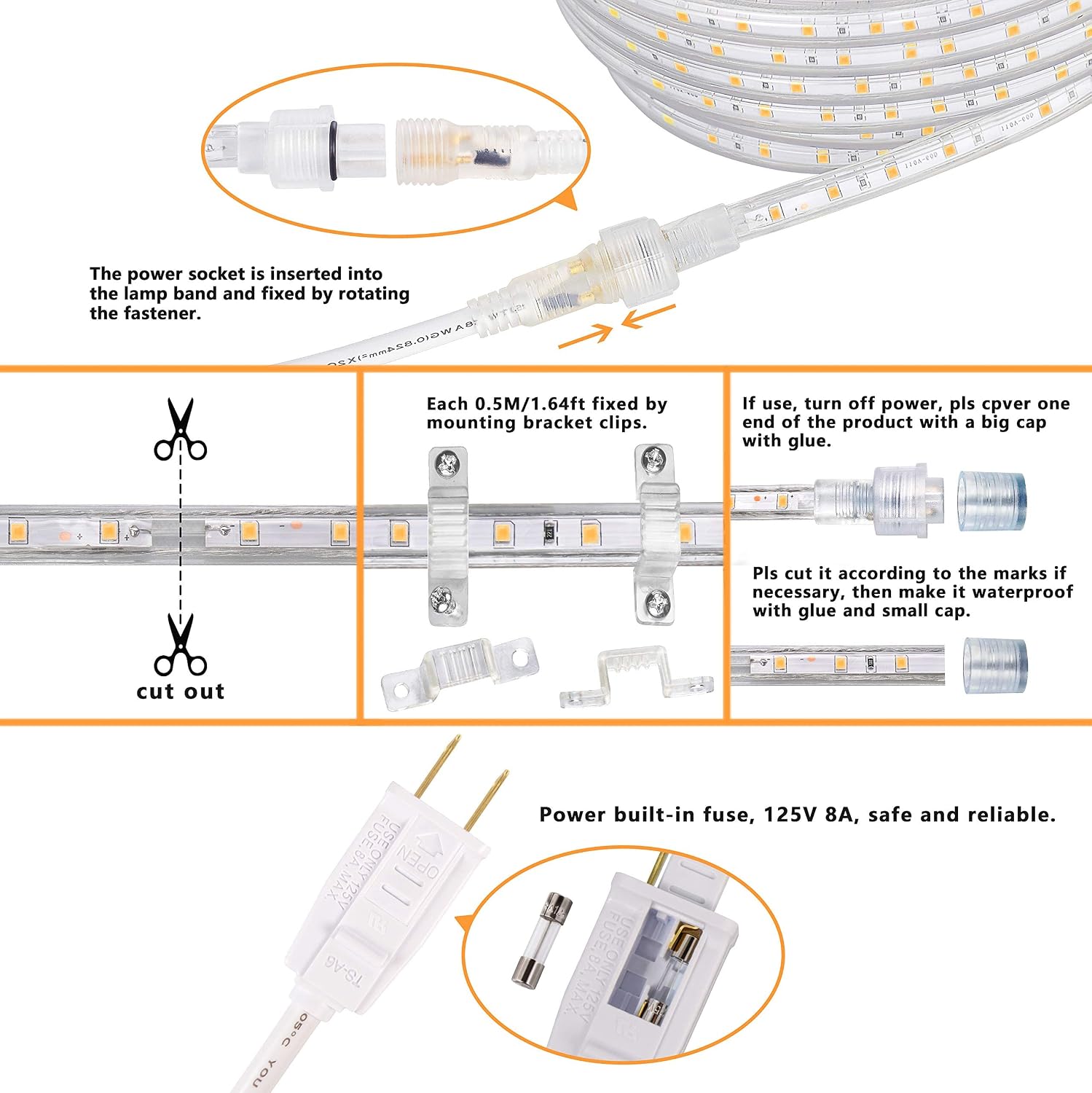 SURNIE LED Rope Lights Outdoor Waterproof Warm White, 50ft Outside Bright Lighting Cuttable Connectable Flexible 110V Cool Clear Flat 3000K, Indoor Deck Patio Christmas Camping Decor, Not Tube Rope
