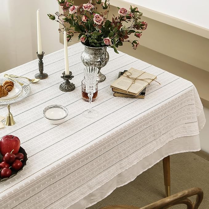 patdrea Designer Vintage Cotton White Lace Tablecloth for Rectangle Tables,French Country Cottage Embroidered Table Cloth Art Decor for Kitchen Wedding Patries Banquet Christmas,59"*91"
