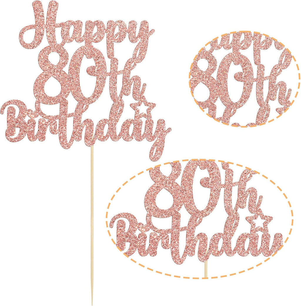 Gyufise 1Pc Happy 80th Birthday Cake Topper Glitter Cheers to 80 Years Old Birthday Cake Pick for Happy 80th Birthday Anniversary Party Cake Decorations Supplies Rose Gold