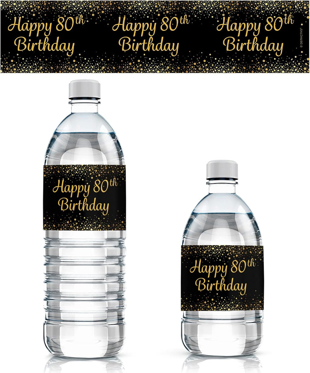 DISTINCTIVS Black and Gold 80th Birthday Water Bottle Labels – 20 Count – Waterproof – 80th Birthday Party Favors for Men and Women