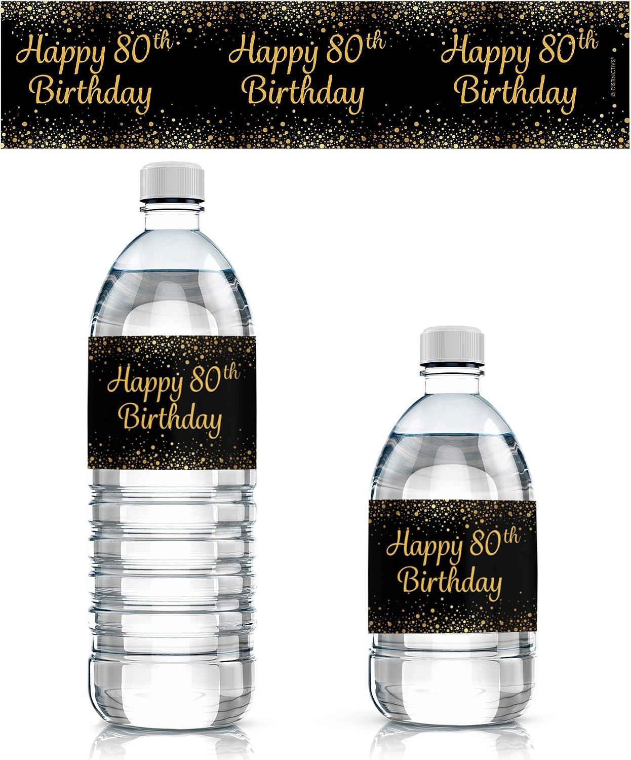 DISTINCTIVS Black and Gold 80th Birthday Water Bottle Labels – 20 Count – Waterproof – 80th Birthday Party Favors for Men and Women