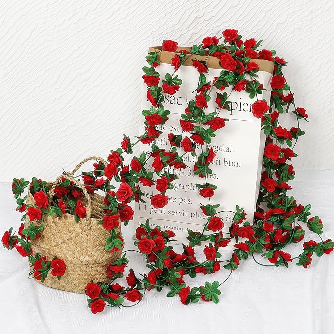 KHOYIME 9 Pack 72 FT Artificial Flower Garland, Fake Red Roses Vines Silk Flowers Faux Plastic Outdoor Hanging Floral Ivy Garland Decoration for Wedding Arch Bedroom Home Wall Backdrop Room Decor