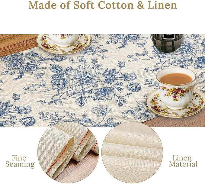 Floral Table Runner, Retro Blue Flower Chinoiserie Sketch Pattern Print Table Runner for Kitchen Dinning Table Runner Decor Home Wedding Party Holiday, 13x120 Inch