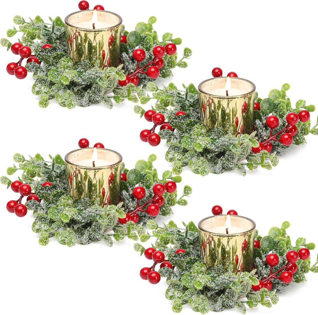 Christmas Candle Ring, 4 Pcs Gold Votive Candles with Red Berry Xmas Candle Ring Wreath for Christmas Table Centerpiece Decoration Party Holiday