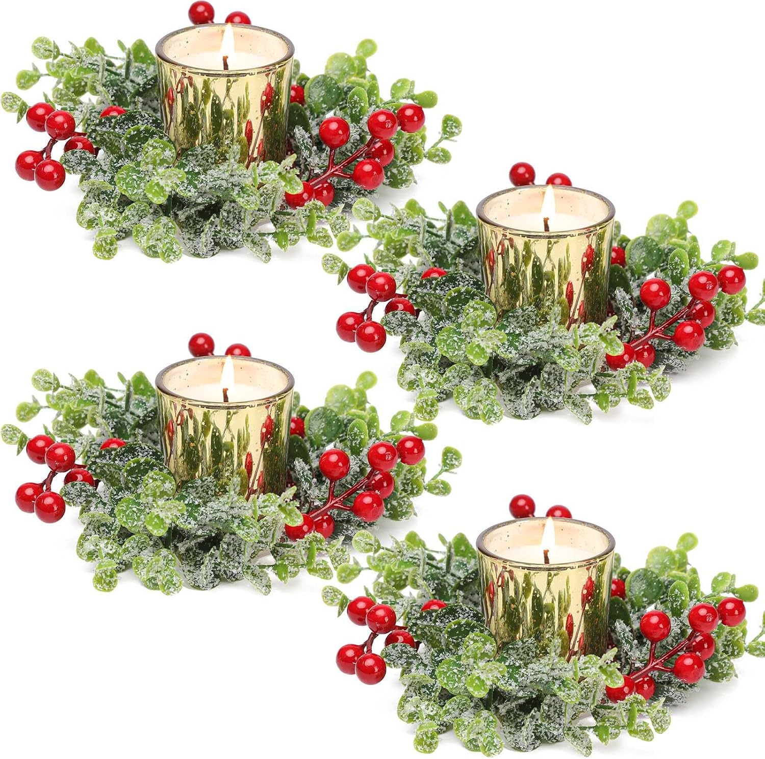 Christmas Candle Ring, 4 Pcs Gold Votive Candles with Red Berry Xmas Candle Ring Wreath for Christmas Table Centerpiece Decoration Party Holiday
