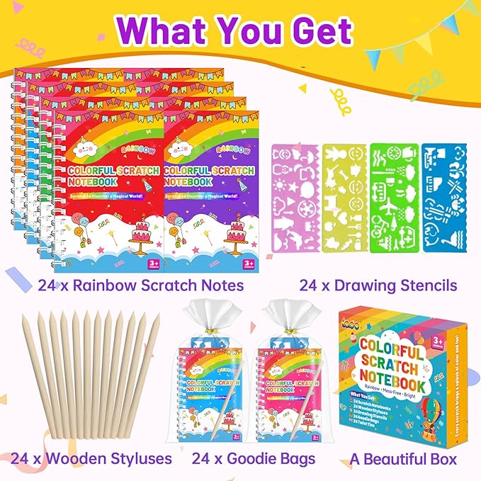 Party Favors for Kids: 24 Pack Scratch Art Notebooks with Rainbow Colors, 2-in-1 Coloring & Scratch Books, Bulk Birthday Gifts, Goodie Bags, Classroom Prizes for Boys & Girls