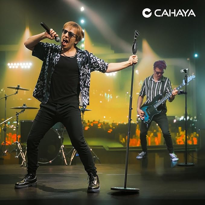 CAHAYA Microphone Stand Floor Universal - Metal Mic Stand with Weighted Round Heavy Base Mic Stands Adjustable Height with Phone Holder Mic Floor Stand with 2 Mic Clips and 3/8'' to 5/8'' Adapter