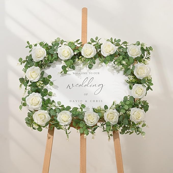 Dolicer 2Pcs 13Ft Artificial Eucalyptus Garlands with Flowers - 8 Roses, Faux Floral Greenery Garlands Fake Flowers Vines for Wedding Table Centerpieces Arch Party Ceremony Backdrop Decor (White)