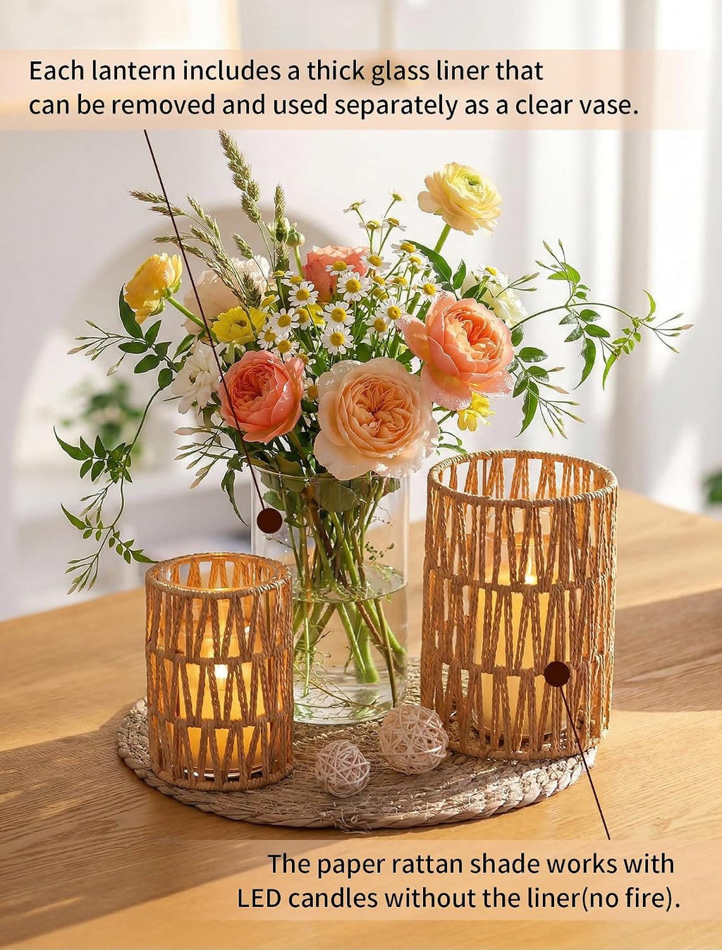 NUPTIO Rattan Boho Hurricane Lanterns: Set of 2 Pillar Candle Holders with Glass Cylinders- Farmhouse Vases for Home Coffee Table Centerpieces Decor