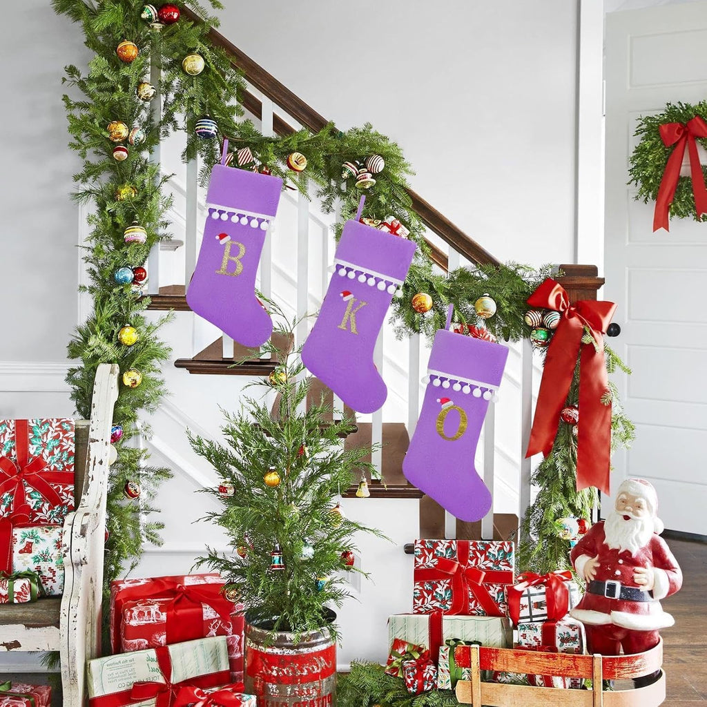Personalized Christmas Stocking - 19 Inch Purple Velvet Stockings, Embroidery Initial with White Pom Pom Trim, Holiday Fireplace Mantel & Xmas Party Decor, Letter A