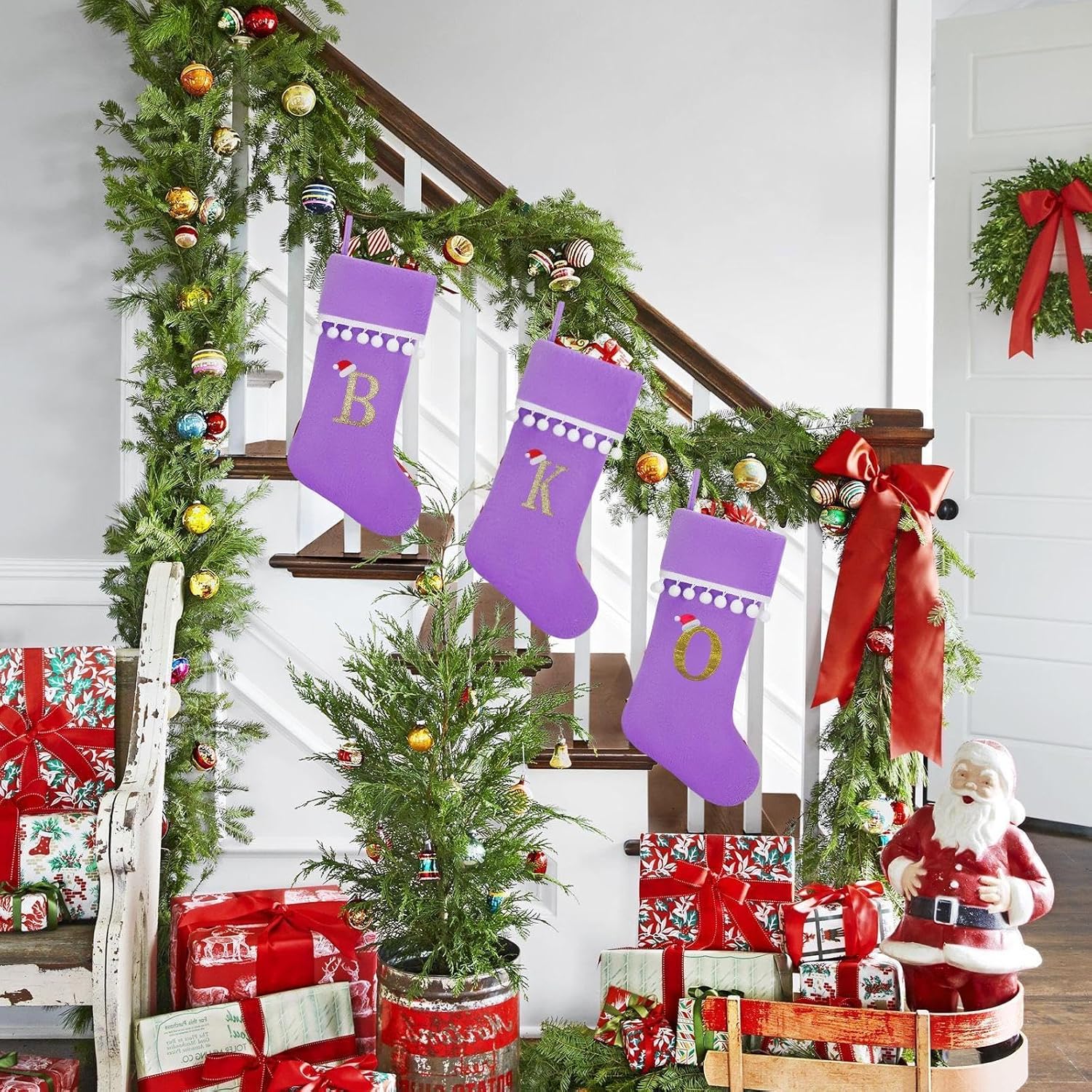 Personalized Christmas Stocking - 19 Inch Purple Velvet Stockings, Embroidery Initial with White Pom Pom Trim, Holiday Fireplace Mantel & Xmas Party Decor, Letter A