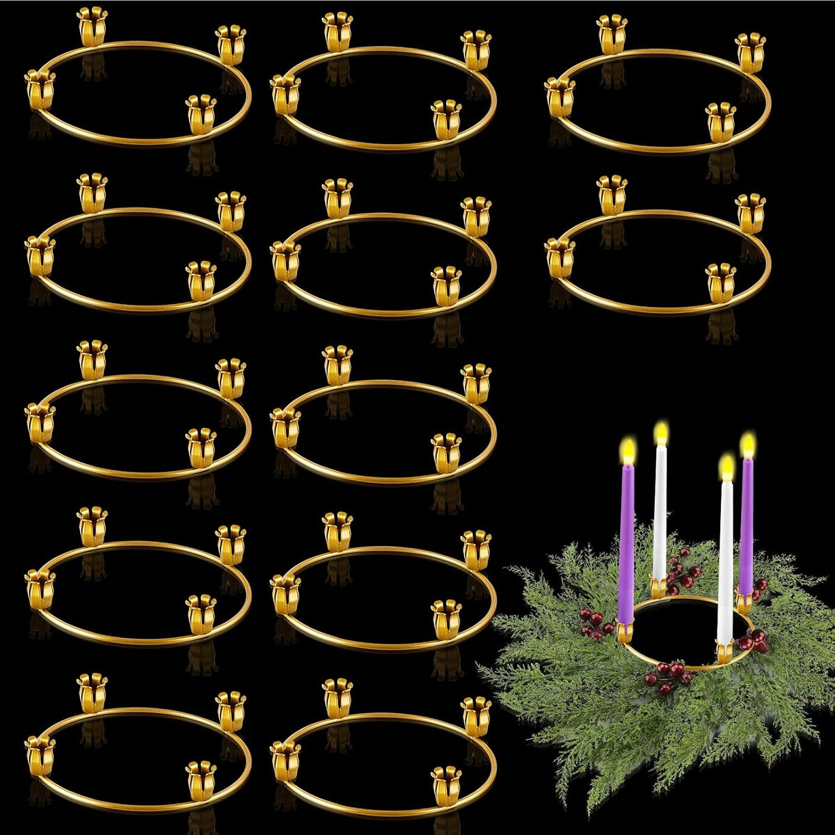 Thyle 12 Pcs Christmas Metal Advent Wreath Rings, Gold Candle Holder