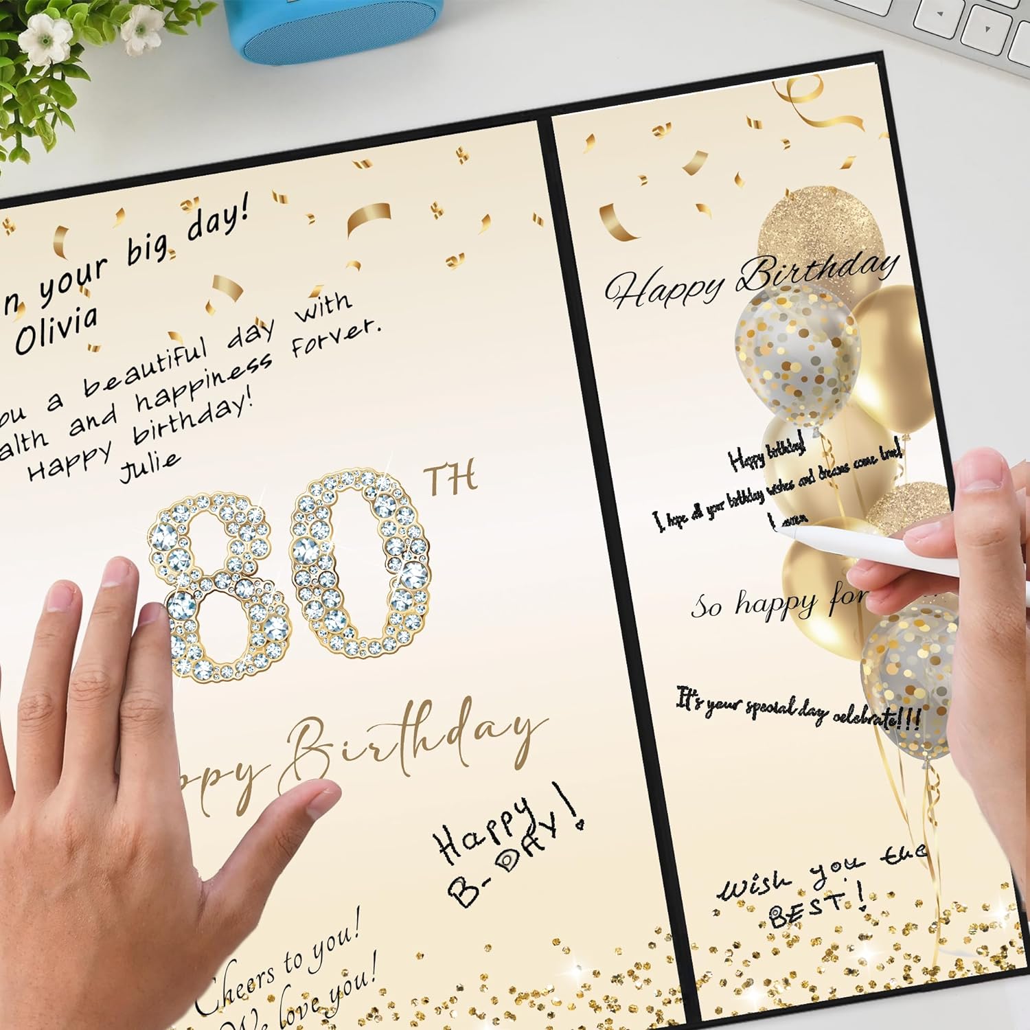 DARUNAXY Black Gold 80th Birthday Party Decorations, Happy 80th Birthday Alternative Signature Guest Book for Men Women Cheers to 80 Years Old Gifts 80 Birthday Signing Card Board Party Supplies