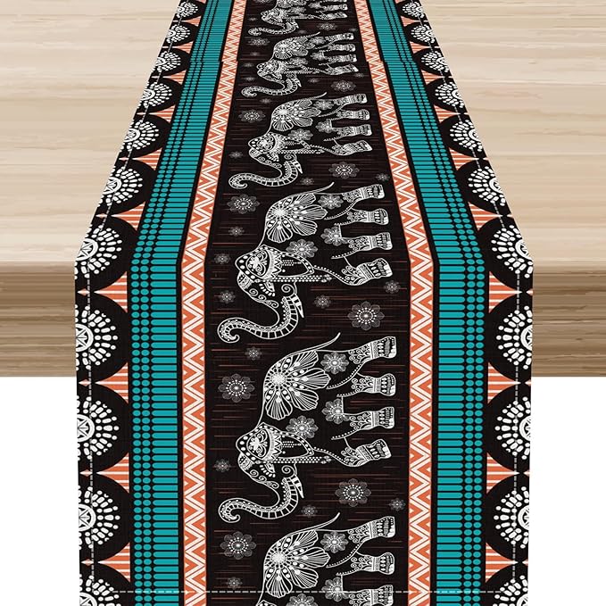 Boho Elephant Table Runner, Vintage Tribal Traditional Bohemian African Animals Ethnic Folk Table Center Decor for Home Kitchen Dining Patio Holiday Party Indoor Table Decorations, 13"x72" Inch