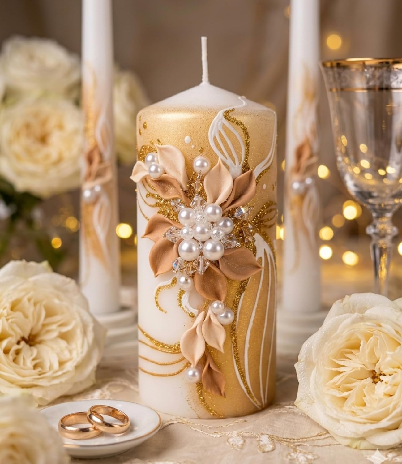 Unity Candle Set for Wedding Ceremony – 6” Pillar & Two 10” Taper Candles – Long Burning Wedding Unity Candles for Reception Marriage Ritual & Home Decor - Handmade in USA – White | Gold