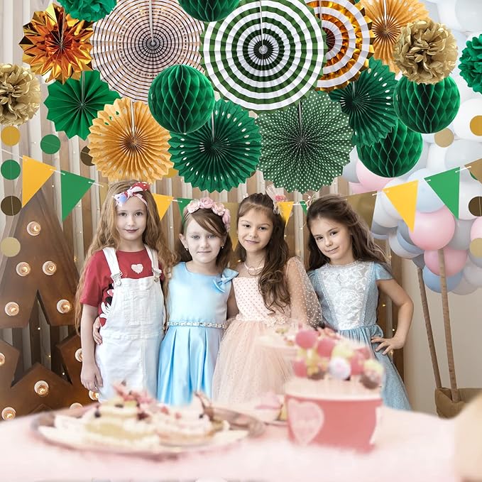 Green and Gold Party Decorations, 23Pcs Hanging Paper Fans, Pom Poms Flowers, Garland String Polka Dot and Triangle Bunting Flag Packs for Girl Birthday Bridal Shower Baby Showers