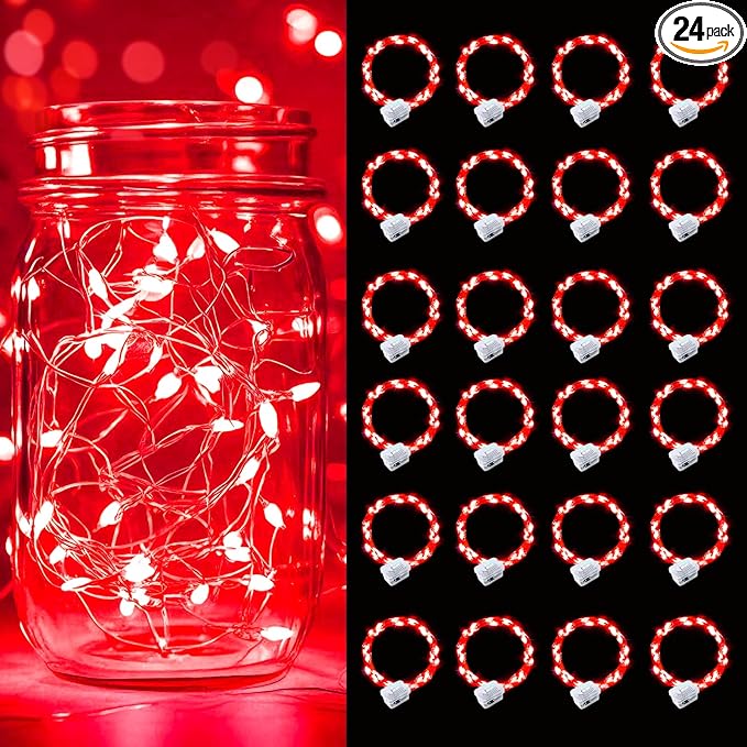 pozzolanas 24 Pack Red Battery Operated String Lights - 7ft Waterproof Fairy Lights with 20 LEDs for Home, Mason Jar, Party, Wedding, Halloween, Christmas Decorations