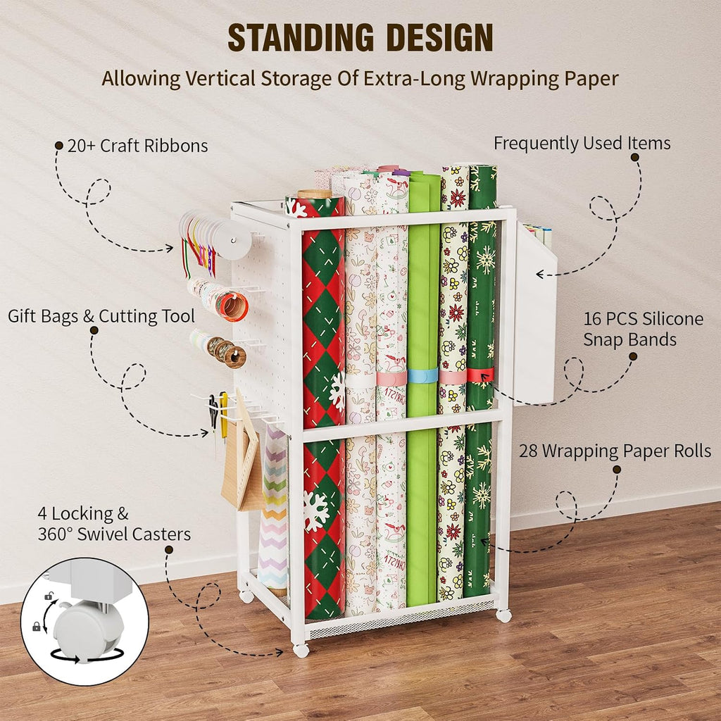 Wrapping Paper Organizer with Wheels, Metal Gift Wrap Storage Cart, Vertical Craft Organizer with 16 Slap Bands for Wrapping Paper Rolls, Wrapping Supplies Storage