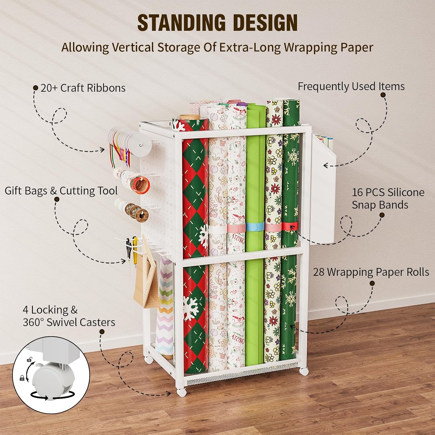 Wrapping Paper Organizer with Wheels, Metal Gift Wrap Storage Cart, Vertical Craft Organizer with 16 Slap Bands for Wrapping Paper Rolls, Wrapping Supplies Storage