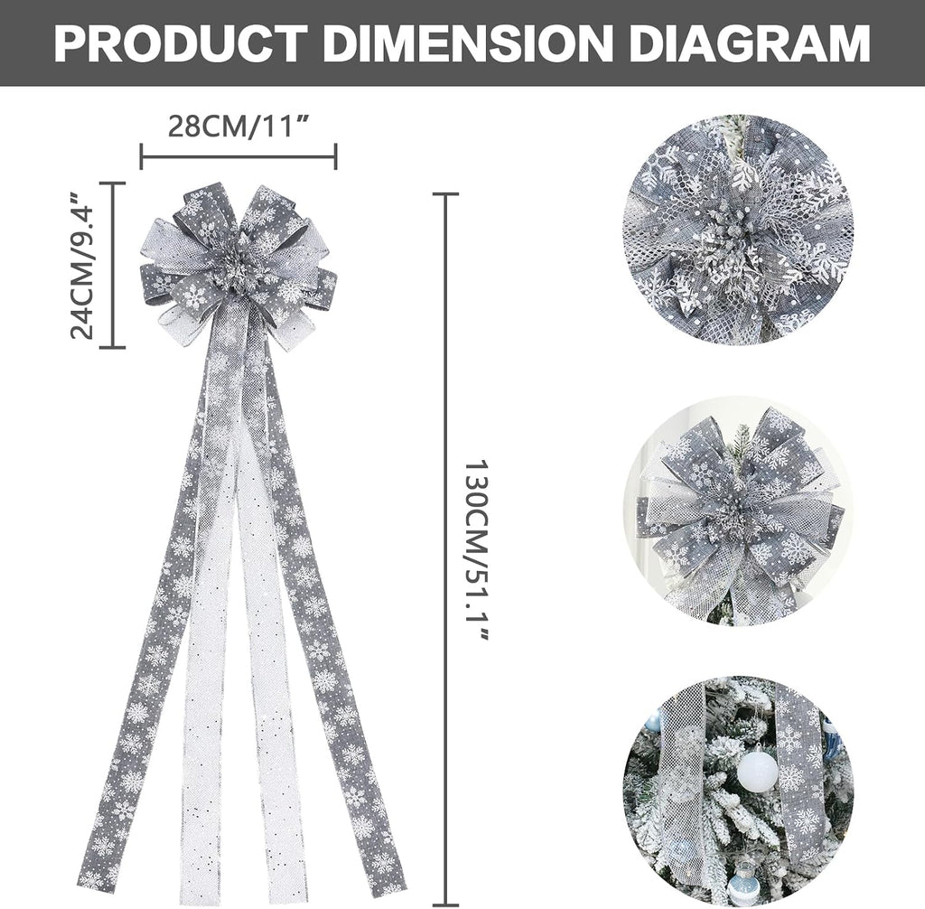 Christmas Tree Topper, Bow Large Christmas Bow Tree Topper, for Xmas Ornament Holiday Home Wedding Thanksgiving Indoor/Outdoor Decoration (Grey Silver)