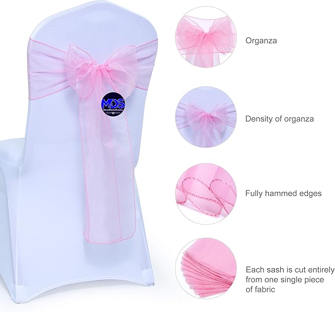 MDS Pack of 50 PCS Organza Chair Sashes Wider Dining Chair Bows Ribbon Tie Back for Wedding Party Birthday Bridal Shower Reception Event Banquet Home Chair Cover Decoration - Blush Pink