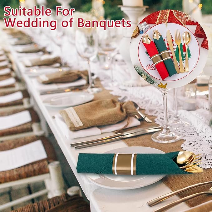 Supernal 240pcs Christmas Rolled Plastic Silverware,Gold Disposable Silverware,Wrapped Plastic Cutlery Set with Napkin,Pre Rolled Silverware Set Disposable,Christmas Cutlery Served for 60 Guests
