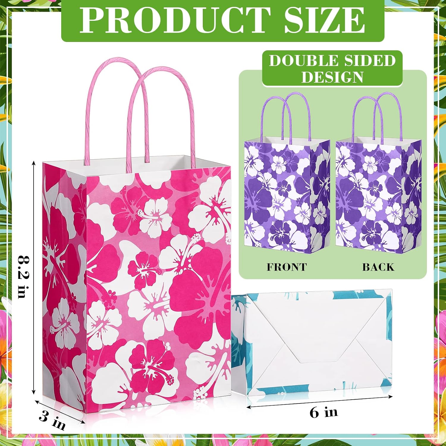 Teling 36 Pcs Hibiscus Party Favor Hawaiian Themed Paper Bags with Handles Summer Tropical Gift Tiki Luau Treat Hawaii Goodie Bags Kids Birthday Party Supplies Multicolor 8.3 x 6 x 3