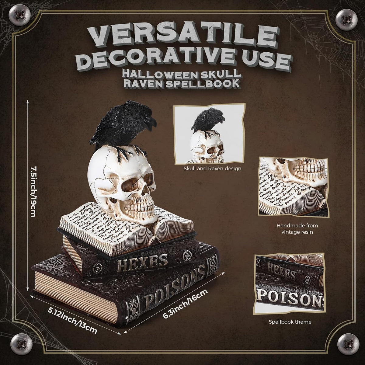 Canchiing Halloween Witch Spellbook Decor Skull Raven Mantel Tabletop Decor