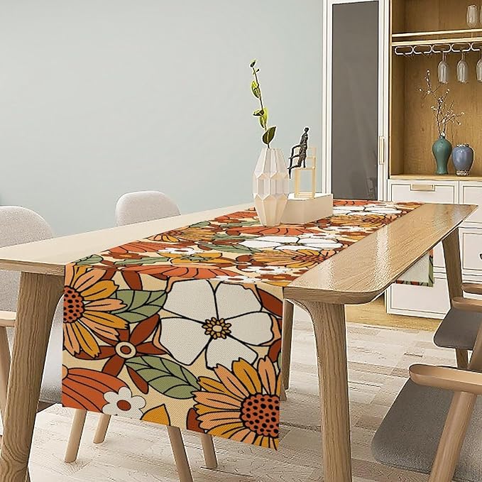 Vintage Floral Table Runner,Boho 70s Style Retro Flower Table Cloth Kitchen Dining Table Home Party Decoration 13x36 Inch