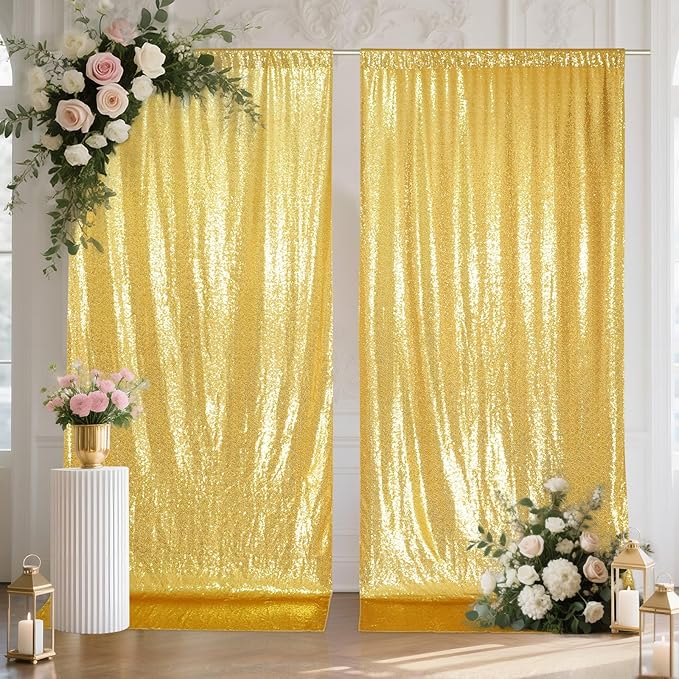 SquarePie Sequin Backdrop Curtain 8FT x 10FT Gold Satin Backing Fabric Photography Background for Wedding Patry 4FT x 10FT 2 Panels