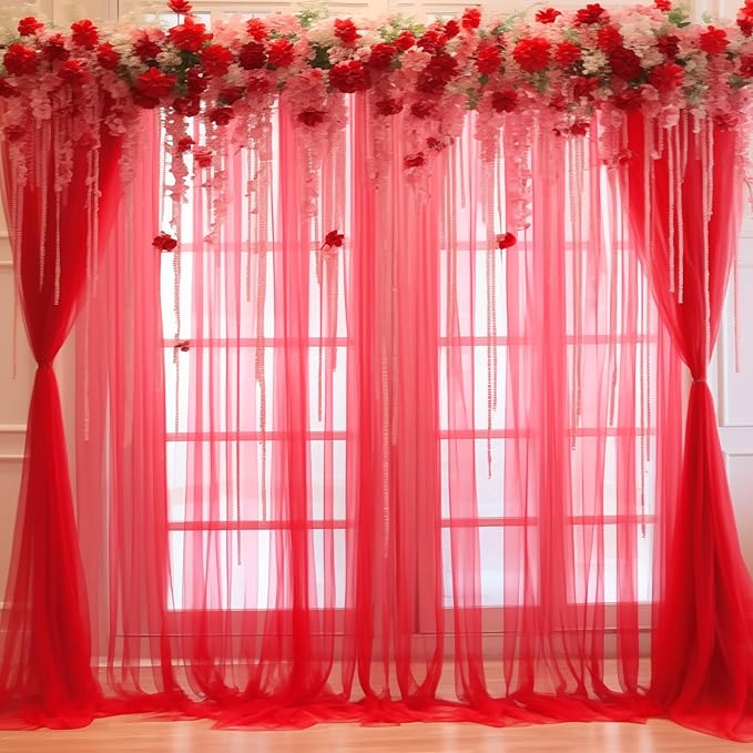 20x10 Red Tulle Backdrop Curtains for Parties, Sheer Backdrop Curtain Wedding Photo Background Drapes for Baby Shower Photography Birthday Party